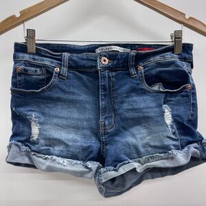 Celebrity Pink Distressed Dark Blue Denim Rolled-Hem Shorts